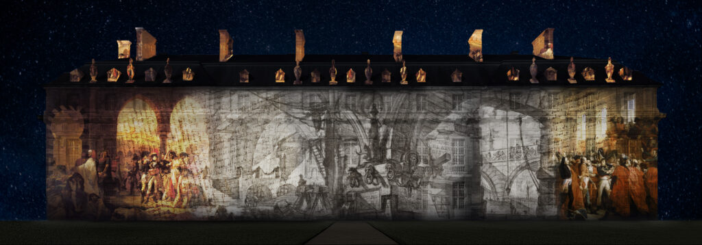Test d’intégration d’archives et de silhouettes sur la façade du Pavillon du Roi