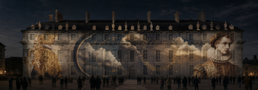Variation graphique du mapping vidéo du Château de Vincennes autour des figures et de la mémoire
