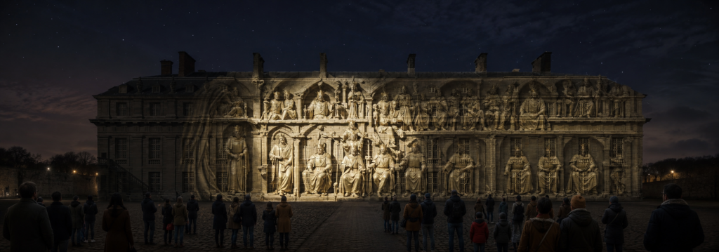 Mockup du mapping vidéo de Vincennes inspiré de la mémoire royale et de l’architecture du Pavillon du Roi