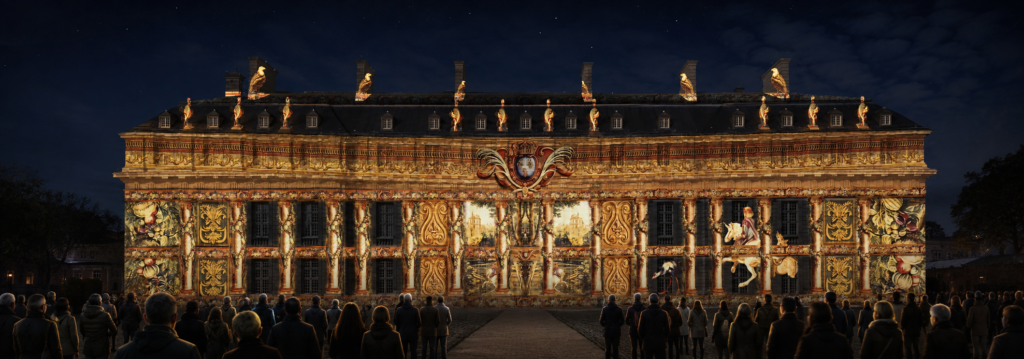 Étude de mapping vidéo du Pavillon du Roi au Château de Vincennes, composition monumentale nocturne